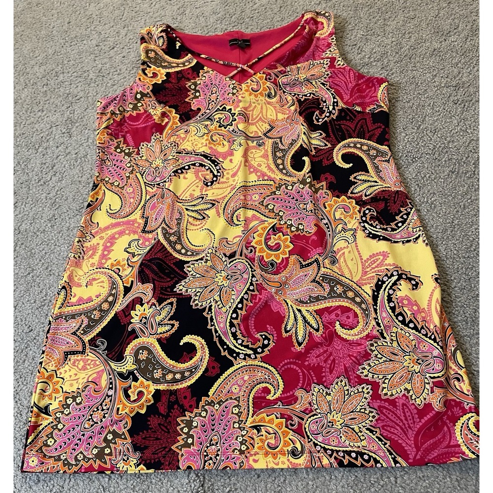 90s R&K Paisley Shift Mini Dress Sz 16P Fuchsia Yellow Crisscross Strap Colorful - Picture 4 of 13